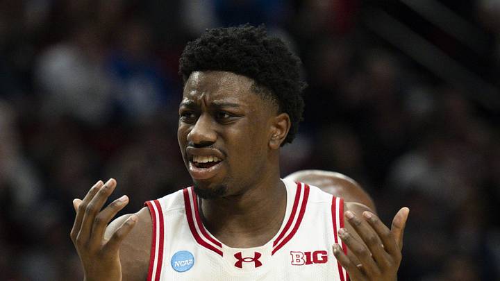 Mar 19, 2026; Portland, OR, USA; Wisconsin Badgers guard Braeden Carrington (0) and guard John Blackwell (25) react during the second half of a first round game of the men's 2026 NCAA Tournament against the High Point Panthers at Moda Center. Mandatory Credit: Troy Wayrynen-Imagn Images Mar 19, 2026; Portland, OR, USA; Wisconsin Badgers guard Braeden Carrington (0) and guard John Blackwell (25) react during the second half of a first round game of the men's 2026 NCAA Tournament against the High Point Panthers at Moda Center. Mandatory Credit: Troy Wayrynen-Imagn Images