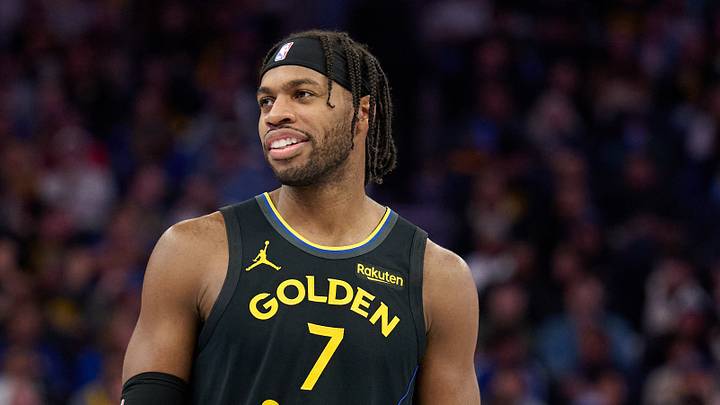 Nov 21, 2025; San Francisco, California, USA; Golden State Warriors guard Buddy Hield (7) chats with Portland Trail Blazers guard Rayan Rupert (21) during the third quarter at Chase Center. Mandatory Credit: Robert Edwards-Imagn Images