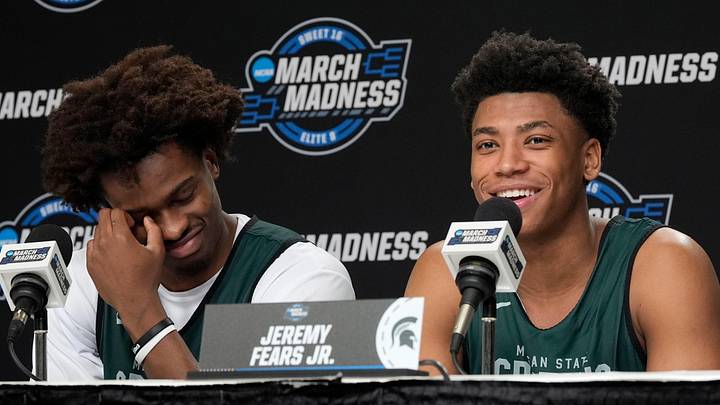 (L to R) Michigan State basketball players Coen Carr and Jeremy Fears Jr. have a laugh talking about their coach Tom Izzo during a press conference at Capital One Arena in Washington DC on Thursday, March 26, 2026. 
The Spartans play the University of Connecticut on Friday evening.