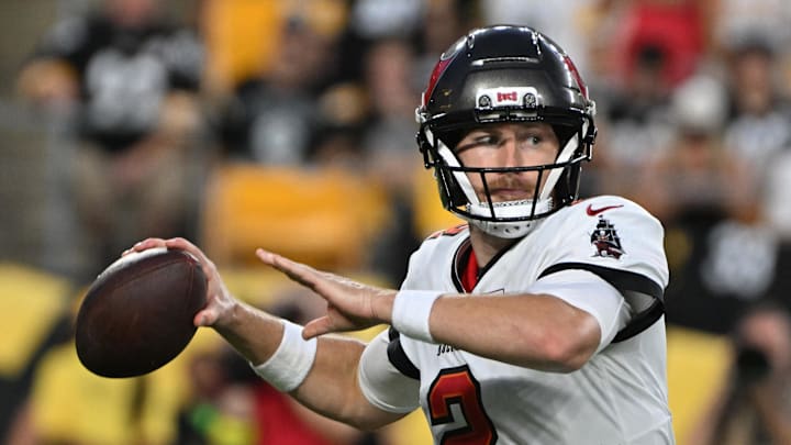 Aug 16, 2025; Pittsburgh, Pennsylvania, USA; Tampa Bay Buccaneers quarterback Kyle Trask (2) looks to pass against the Pittsburgh Steelers during the second quarter at Acrisure Stadium. Mandatory Credit: Barry Reeger-Imagn Images