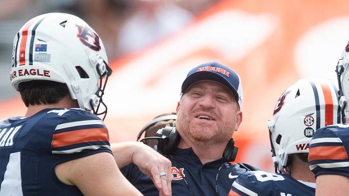 Auburn Tigers kicker Alex McPherson (38) celebrates his 55-yard field goal with head coach Alex Golesh during Auburn Tigers A-Day spring game at Jordan-Hare Stadium in Auburn, Ala. on Saturday, April 18, 2026.