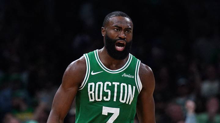 May 7, 2025; Boston, Massachusetts, USA; Boston Celtics guard Jaylen Brown (7) react after a play against the New York Knicks in the second quarter during game two of the second round for the 2025 NBA Playoffs at TD Garden. Mandatory Credit: David Butler II-Imagn Images