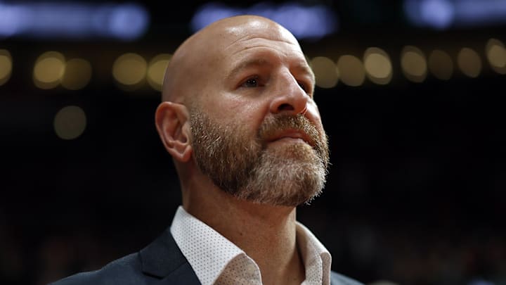 Oct 28, 2022; Portland, Oregon, USA; Portland Trail Blazers general manager Joe Cronin looks ion before the game against the Houston Rockets at Moda Center. Mandatory Credit: Soobum Im-Imagn Images