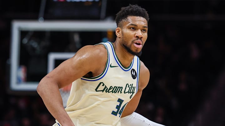 Jan 19, 2026; Atlanta, Georgia, USA; Milwaukee Bucks forward Giannis Antetokounmpo (34) dribbles the ball down the court against the Atlanta Hawks during the fourth quarter at State Farm Arena. Mandatory Credit: Jordan Godfree-Imagn Images