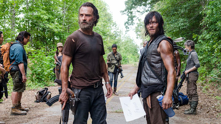 Lauren Cohan as Maggie Greene, Steven Yeun as Glenn Rhee, Josh McDermitt as Dr. Eugene Porter, Christian Serratos as Rosita Espinosa, Andrew Lincoln as Rick Grimes, Sonequa Martin-Green as Sasha, Norman Reedus as Daryl Dixon and Melissa McBride as Carol Peletier - The Walking Dead _ Season 5, Episode 10 - Photo Credit: Gene Page/AMC