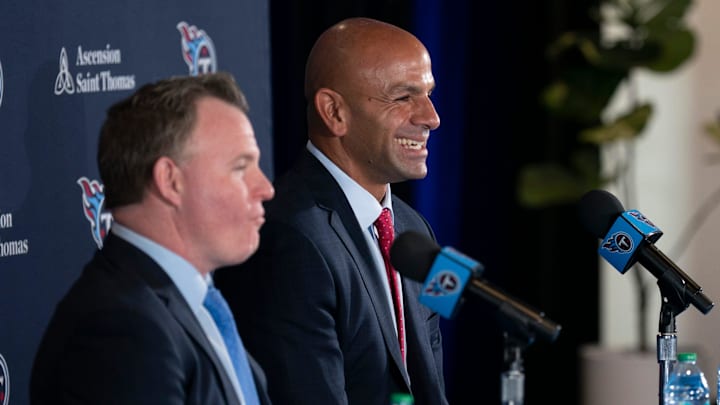 Tennessee Titans general manager Mike Borgonzi, left, and new head coach Robert Saleh field questions by the media at the new head coach’s introductory press conference at Ascension Saint Thomas Sports Park in Nashville, Tenn., Thursday, Jan. 29, 2026.