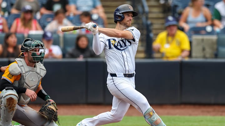 Tampa Bay Rays second baseman Brandon Lowe (8) doubles against the Oakland Athletics in the sixth inning at George M. Steinbrenner Field. Tampa Bay Rays second baseman Brandon Lowe (8) doubles against the Oakland Athletics in the sixth inning at George M. Steinbrenner Field.