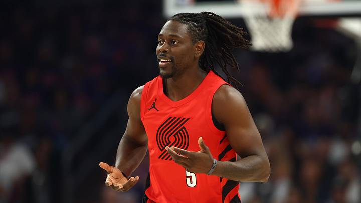 Apr 14, 2026; Phoenix, Arizona, USA; Portland Trail Blazers guard Jrue Holiday (5) reacts against the Phoenix Suns in the first half during the play-in rounds of the 2026 NBA Playoffs at Mortgage Matchup Center. Mandatory Credit: Mark J. Rebilas-Imagn Images
