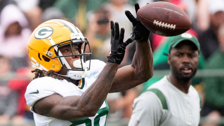 Former Green Bay Packers wide receiver Juwann Winfree (88) catches a pass during training camp on Monday, Aug. 8, 2022, at Ray Nitschke Field in Ashwaubenon, Wis. 