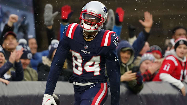 Nov 28, 2021; Foxborough, Massachusetts, USA; New England Patriots wide receiver Kendrick Bourne (84) reacts after his touchdown against the Tennessee Titans in the second half at Gillette Stadium. Mandatory Credit: David Butler II-Imagn Images
