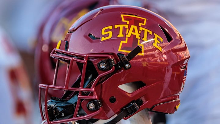 Nov 9, 2024; Kansas City, Missouri, USA; Iowa State Cyclones helmets on the bench during the first quarter against the Kansas Jayhawks at GEHA Field at Arrowhead Stadium. 