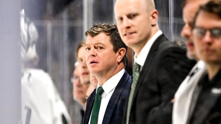 Michigan State's head coach Adam Nightingale looks on against Minnesota during the second period on Saturday, Jan. 25, 2025, at Munn Arena in East Lansing.