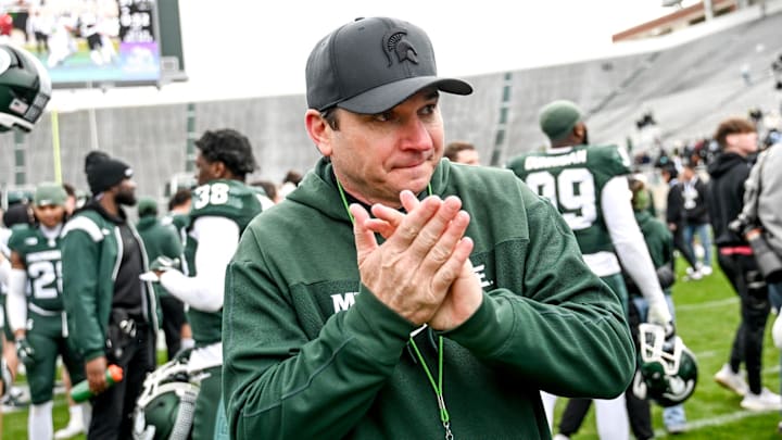 Michigan State's head coach Jonathan Smith leaves the file after the Spring Showcase on Saturday, April 20, 2024, at Spartan Stadium in East Lansing.