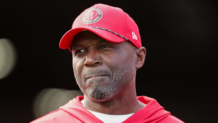 Dec 29, 2024; Tampa, Florida, USA; Tampa Bay Buccaneers head coach Todd Bowles looks on before a game against the Carolina Panthers at Raymond James Stadium. Mandatory Credit: Nathan Ray Seebeck-Imagn Images