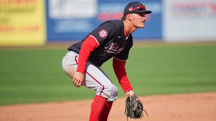 Mar 15, 2024; Port St. Lucie, Florida, USA; Washington Nationals third baseman Brady House (55) participates in the Spring Breakout game against the New York Mets at Clover Park Mar 15, 2024; Port St. Lucie, Florida, USA; Washington Nationals third baseman Brady House (55) participates in the Spring Breakout game against the New York Mets at Clover Park