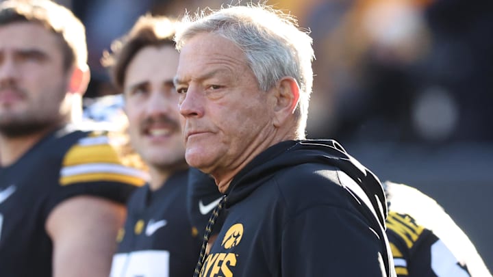 Nov 25, 2022; Iowa City, Iowa, USA; Iowa Hawkeyes head coach Kirk Ferentz watches his team play the Nebraska Cornhuskers at Kinnick Stadium. Mandatory Credit: Reese Strickland-Imagn Images