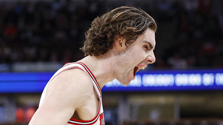 Mar 23, 2026; Chicago, Illinois, USA; Chicago Bulls guard Josh Giddey (3) reacts after scoring against the Houston Rockets during the second half at United Center. Mandatory Credit: Kamil Krzaczynski-Imagn Images