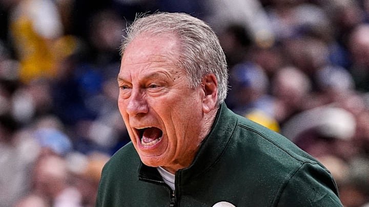 Michigan State head coach Tom Izzo reacts to a play against Louisville during the first half of NCAA Tournament Second Round at KeyBank Center in Buffalo on Saturday, March 21, 2026.