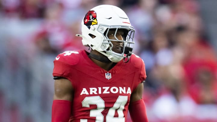 Jan 5, 2025; Glendale, Arizona, USA; Arizona Cardinals safety Jalen Thompson (34) against the San Francisco 49ers at State Farm Stadium. Mandatory Credit: Mark J. Rebilas-Imagn Images