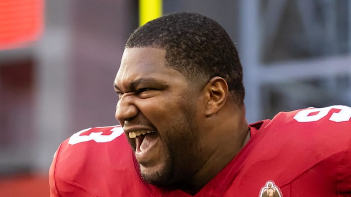 Dec 7, 2025; Glendale, Arizona, USA; Arizona Cardinals defensive end Calais Campbell (93) against the Los Angeles Rams at State Farm Stadium. Mandatory Credit: Mark J. Rebilas-Imagn Images