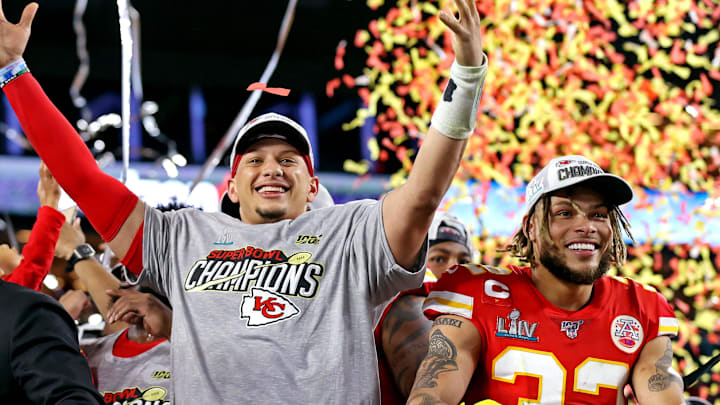 Kansas City Chiefs quarterback Patrick Mahomes and safety Tyrann Mathieu celebrate winning Super Bowl LIV.
