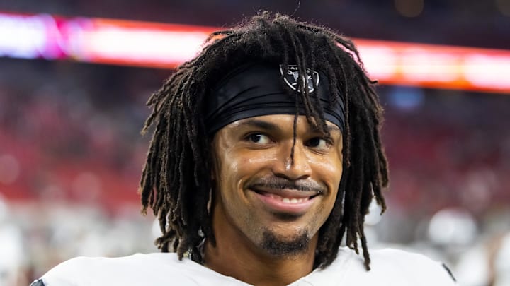 Aug 23, 2025; Glendale, Arizona, USA; Las Vegas Raiders cornerback Darien Porter (26) against the Arizona Cardinals during a preseason NFL game at State Farm Stadium. Mandatory Credit: Mark J. Rebilas-Imagn Images