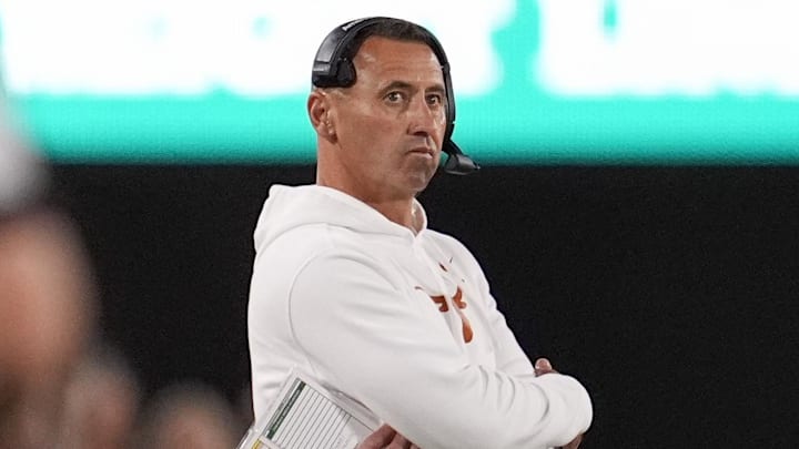 Texas Longhorns head coach Steve Sarkisian looks on in the first half against the Georgia Bulldogs at Sanford Stadium.