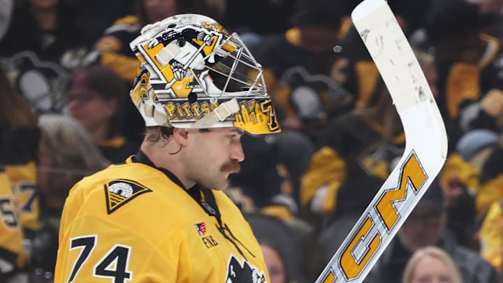 Apr 18, 2026; Pittsburgh, Pennsylvania, USA; Pittsburgh Penguins goaltender Stuart Skinner (74) returns to his net against the Philadelphia Flyers during the second period in game one of the first round of the 2026 Stanley Cup Playoffs at PPG Paints Arena. Mandatory Credit: Charles LeClaire-Imagn Images