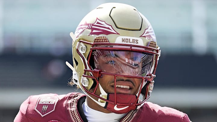 Sep 6, 2025; Tallahassee, Florida, USA; Florida State Seminoles quarterback Tommy Castellanos (1) before the game against the East Texas A&M Lions at Doak S. Campbell Stadium. Mandatory Credit: Melina Myers-Imagn Images