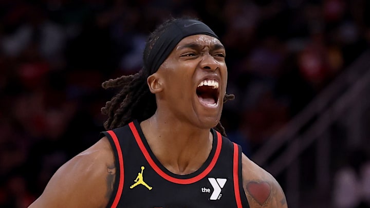 Terance Mann #14 of the Atlanta Hawks reacts against the Houston Rockets.