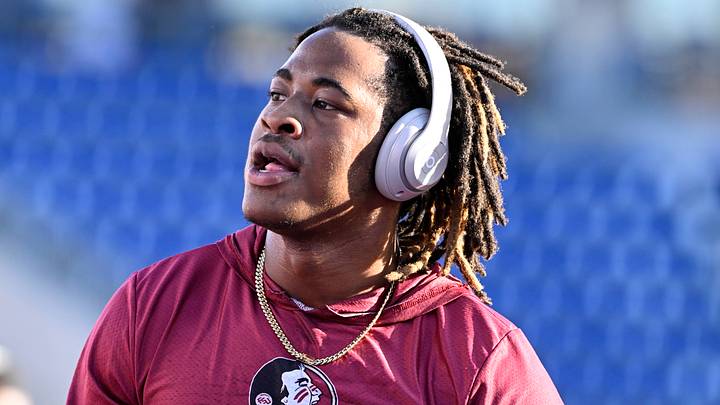 Sep 28, 2024; Dallas, Texas, USA; Florida State Seminoles defensive back K.J. Kirkland (24) before the game between the Southern Methodist Mustangs and the Florida State Seminoles at Gerald J. Ford Stadium. Mandatory Credit: Jerome Miron-Imagn Images