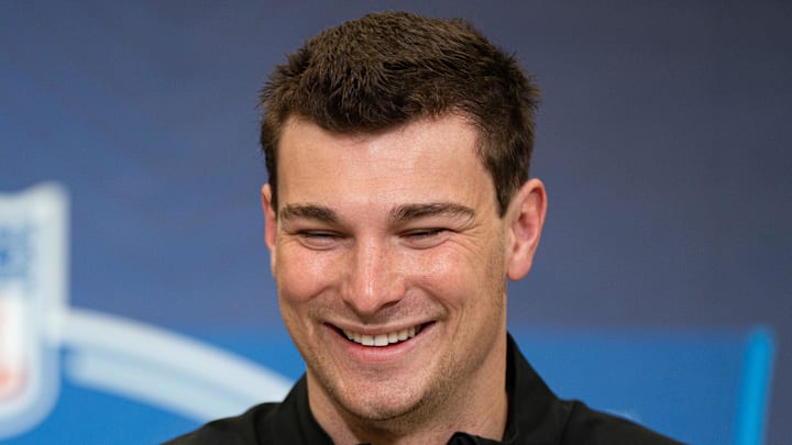 Feb 27, 2026; Indianapolis, IN, USA; Indiana quarterback Fernando Mendoza (QB11) speaks to members of the media during the NFL Combine at the Indiana Convention Center. Mandatory Credit: Jacob Musselman-Imagn Images