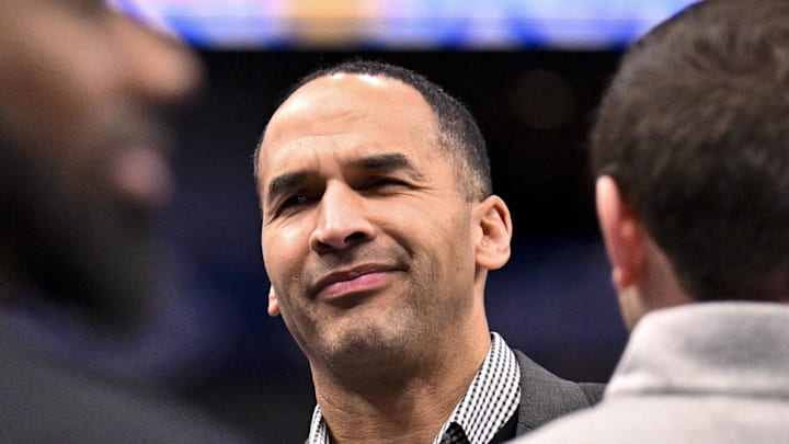 Feb 10, 2025; Dallas, Texas, USA; Dallas Mavericks general manager Nico Harrison speaks with fans before the game between the Dallas and the Sacramento Kings at the American Airlines Center. Mandatory Credit: Jerome Miron-Imagn Images Feb 10, 2025; Dallas, Texas, USA; Dallas Mavericks general manager Nico Harrison speaks with fans before the game between the Dallas and the Sacramento Kings at the American Airlines Center. Mandatory Credit: Jerome Miron-Imagn Images