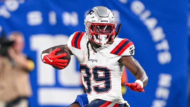 Aug 21, 2025; East Rutherford, New Jersey, USA; New England Patriots running back JaMycal Hasty (39) runs with the ball tackled y New York Giants cornerback Art Green (35) during the first quarter at MetLife Stadium. Mandatory Credit: Mark Smith-Imagn Images Aug 21, 2025; East Rutherford, New Jersey, USA; New England Patriots running back JaMycal Hasty (39) runs with the ball tackled y New York Giants cornerback Art Green (35) during the first quarter at MetLife Stadium. Mandatory Credit: Mark Smith-Imagn Images