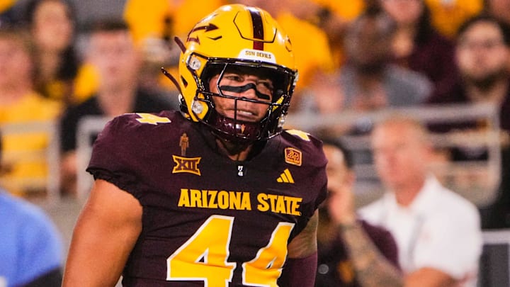 Aug 30, 2025; Tempe, Arizona, USA; Arizona State Sun Devils linebacker Keyshaun Elliott (44) and Arizona State Sun Devils linebacker Jordan Crook (8) celebrate in the second quarter between Arizona State Sun Devils and Northern Arizona Lumberjacks at Mountain America Stadium. Mandatory Credit: Arianna Grainey-Imagn Images