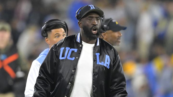 Nov 8, 2024; Pasadena, California, USA;  UCLA Bruins head coach DeShaun Foster on the sidelines during the second half against the Iowa Hawkeyes at the Rose Bowl. Mandatory Credit: Jayne Kamin-Oncea-Imagn Images