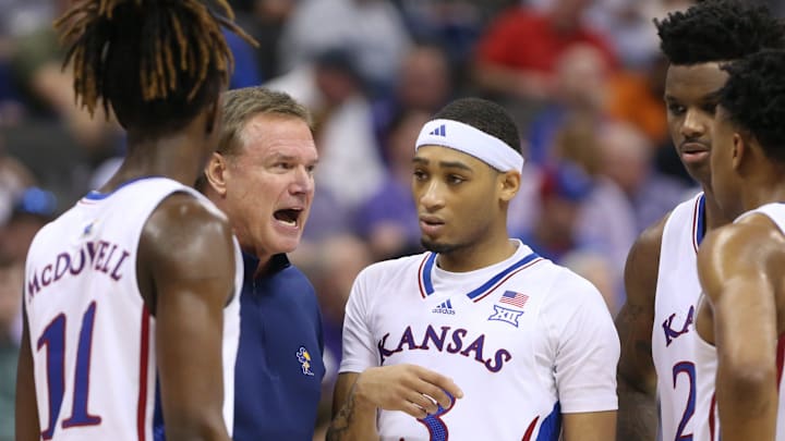 Kansas coach Bill Self brings his players in for a huddle in the second half of the Big 12 Conference Tournament second round game Wednesday, March 13, 2024, inside the T-Mobile Center in Kansas City, Mo.