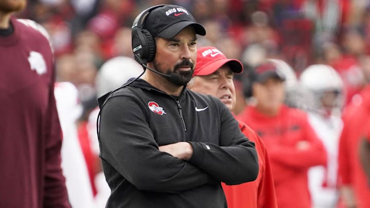 Nov 16, 2024; Chicago, Illinois, USA; Ohio State Buckeyes head coach Ryan Day looks on from the sideline against the Northwestern Wildcats during the first half at Wrigley Field. Mandatory Credit: David Banks-Imagn Images
