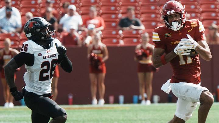 Iowa State wide receiver Dominic Overby (11) runs with the ball around Southeast Missouri State's safety Cyler Christmas (28) during the third quarter in the week one NCAA football at Jack Trice Stadium on Sept. 5, 2026, in Ames, Iowa. Iowa State wide receiver Dominic Overby (11) runs with the ball around Southeast Missouri State's safety Cyler Christmas (28) during the third quarter in the week one NCAA football at Jack Trice Stadium on Sept. 5, 2026, in Ames, Iowa.