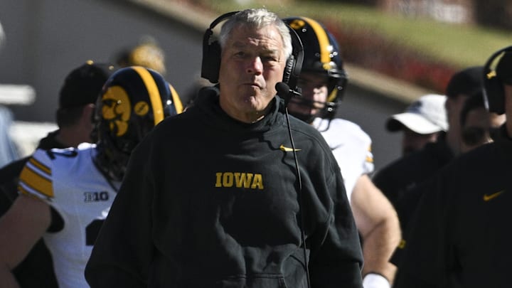 Nov 23, 2024; College Park, Maryland, USA; Iowa Hawkeyes head coach Kirk Ferentz looks onto the field during the first half against the Maryland Terrapins at SECU Stadium. Mandatory Credit: Tommy Gilligan-Imagn Images Nov 23, 2024; College Park, Maryland, USA; Iowa Hawkeyes head coach Kirk Ferentz looks onto the field during the first half against the Maryland Terrapins at SECU Stadium. Mandatory Credit: Tommy Gilligan-Imagn Images