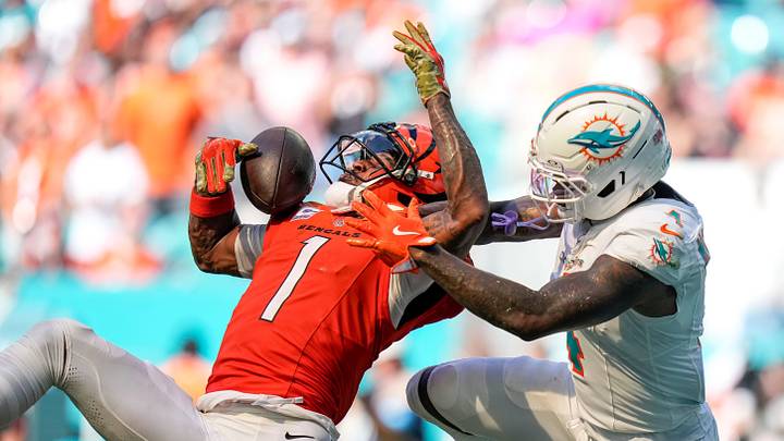 Cincinnati Bengals wide receiver Ja'marr Chase (1) pulls in deep pass over Miami Dolphins cornerback Jason Marshall Jr. (4) for a touchdown in the third quarter of the NFL Week 5 game between the Miami Dolphins and the Cincinnati Bengals at Hard Rock Stadium in Miami Gardens, Florida, on Sunday, Oct. 11, 2026. The Bengals improved to 3-2 on the season with a 31-24 win on the road. Cincinnati Bengals wide receiver Ja'marr Chase (1) pulls in deep pass over Miami Dolphins cornerback Jason Marshall Jr. (4) for a touchdown in the third quarter of the NFL Week 5 game between the Miami Dolphins and the Cincinnati Bengals at Hard Rock Stadium in Miami Gardens, Florida, on Sunday, Oct. 11, 2026. The Bengals improved to 3-2 on the season with a 31-24 win on the road.