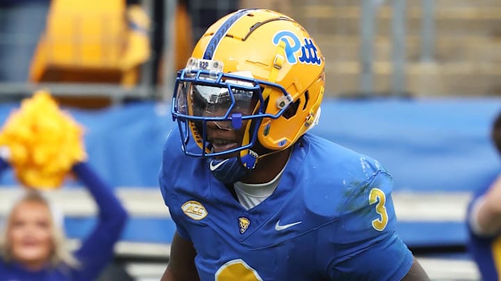 Nov 15, 2025; Pittsburgh, Pennsylvania, USA;  Pittsburgh Panthers linebacker Rasheem Biles (3) scored a pick-six touchdown against the Notre Dame Fighting Irish during the third quarter at Acrisure Stadium. Mandatory Credit: Charles LeClaire-Imagn Images