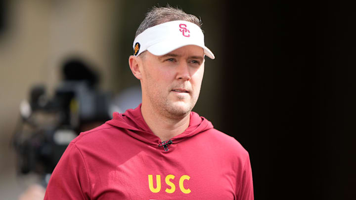 Sep 10, 2022; Stanford, California, USA;  USC Trojans head coach Lincoln Riley walks out of the tunnel for warmups before the start of the first quarter against the Stanford Cardinal at Stanford Stadium. Mandatory Credit: Stan Szeto-Imagn Images