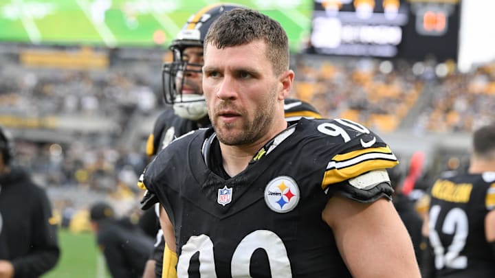 Nov 2, 2025; Pittsburgh, Pennsylvania, USA;  Pittsburgh Steelers linebacker T.J. Watt (90) watches the action against the Indianapolis Colts during the second half at Acrisure Stadium. Mandatory Credit: Barry Reeger-Imagn Images