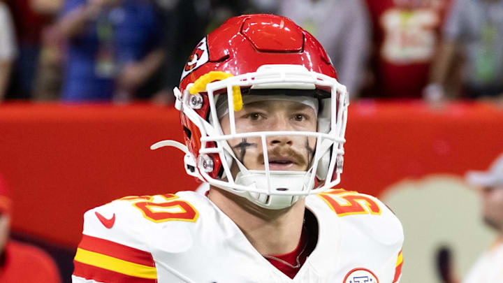 Feb 9, 2025; New Orleans, LA, USA;  Kansas City Chiefs linebacker Swayze Bozeman (50) against the Philadelphia Eagles in Super Bowl LIX at Ceasars Superdome. Mandatory Credit: Mark J. Rebilas-Imagn Images