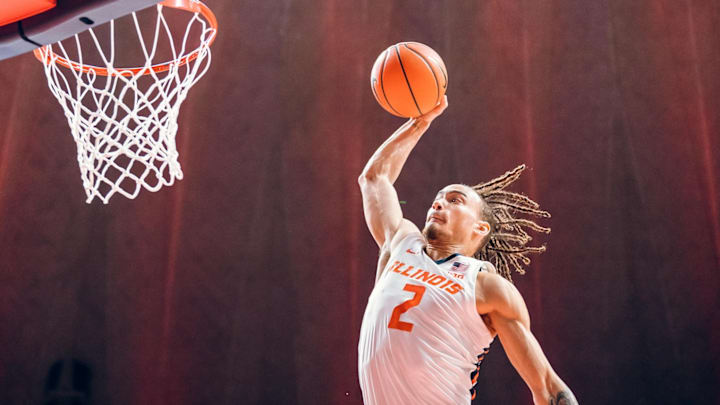 Illinois guard Dra Gibbs-Lawhorn (2) elevates for a dunk in the Illini's 87-79 win over Ohio State on Sunday at the State Farm Center in Champaign, Illinois.