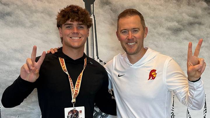 De La Salle (Calif.) 2028 linebacker Landon Miller and USC Trojans head coach Lincoln Riley De La Salle (Calif.) 2028 linebacker Landon Miller and USC Trojans head coach Lincoln Riley