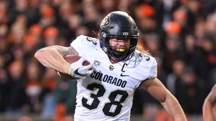 Colorado tight end Brady Russell (38) runs the ball after a reception during the second quarter at Reser Stadium in Corvallis, Ore. on Saturday, Oct. 22, 2022.

Ncaa Football Colorado At Oregon State 1056