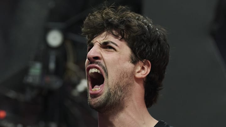 Portland Trail Blazers forward Deni Avdija reacts after being fouled and scoring a basket.
