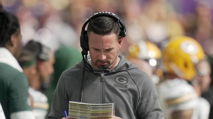 Green Bay Packers head coach Matt LaFleur is shown during the first quarter of their game against the Minnesota Vikings Sunday, Sept. 13, 2026 at U.S. Bank Stadium in Minneapolis, Minnesota.